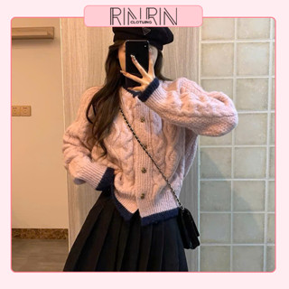 Áo len cardigan nữ đính cúc hoa hồng thêu nổi phong cách thu đông Hàn Quốc RIN RIN