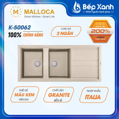 [FREESHIP HCM] Chậu Rửa Chén Đá Malloca Bianco K-50062 (Màu Kem) - Ngang 116cm - Phủ Nano Bạc