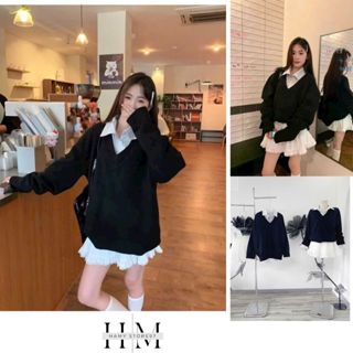 Set 2 Món Sơ Mi sọc Liền Áo Len Cổ Tym kèm Chân Váy Trắng Mix  Áo Len Ngoài HamyStore97