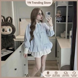 Set Đồ Nữ BigSize ÁO SỌC ĐÍNH NƠ + Chân Váy Có Quần Bảo Hộ Top Nữ