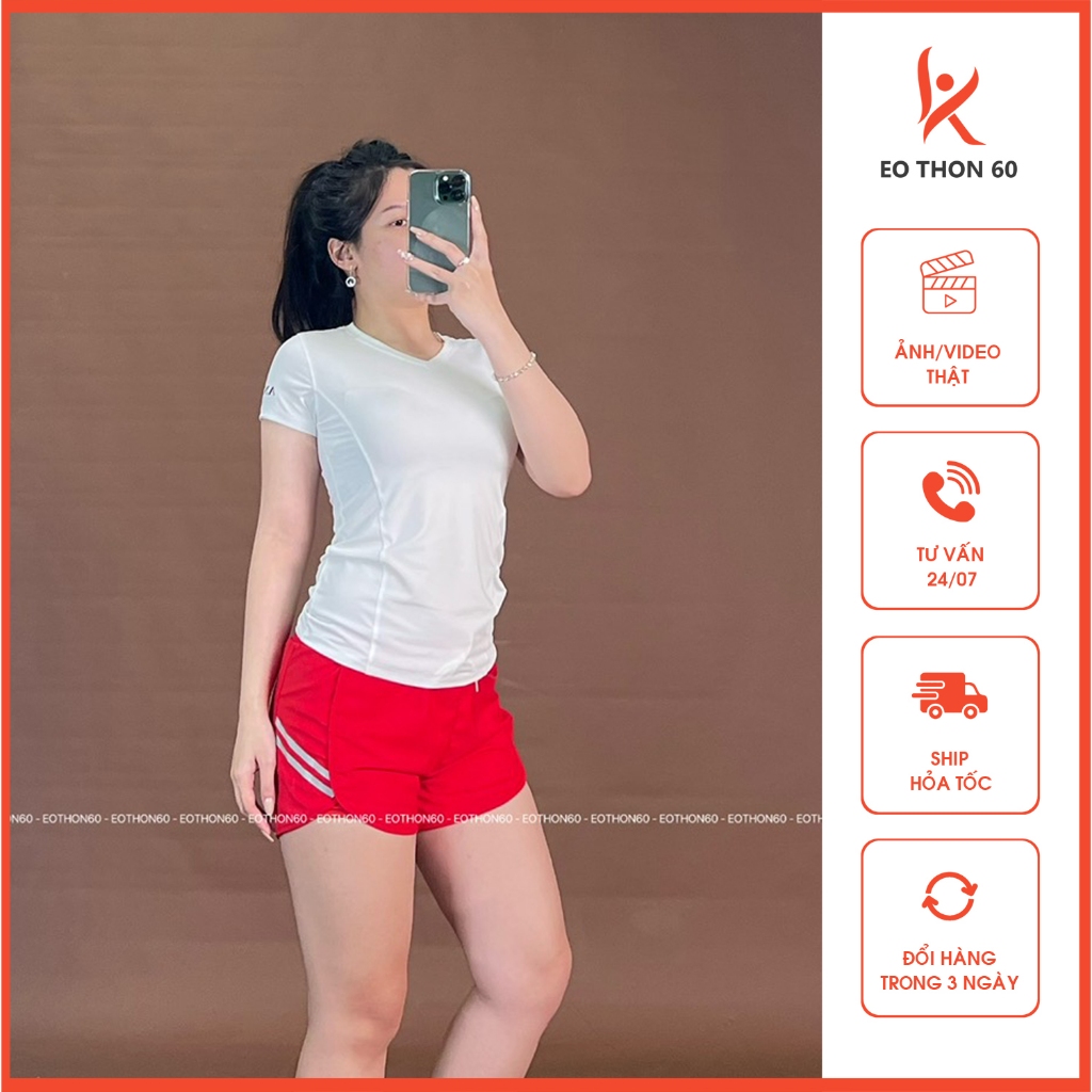 Áo cổ tim Anling MÀU TRẮNG, quần short das ngang ĐỎ TƯƠI [hình thật shop chụp] Eothon60