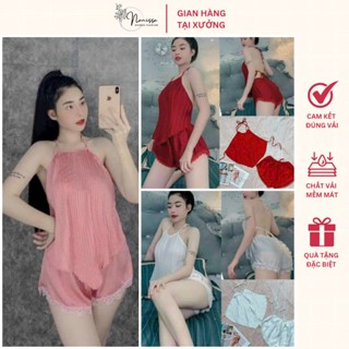 Đồ bộ cổ yếm vạt chéo phong cách sexy hiện đại 40-58kg áo yếm cột dây kèm quần phi lụa | NANISSA