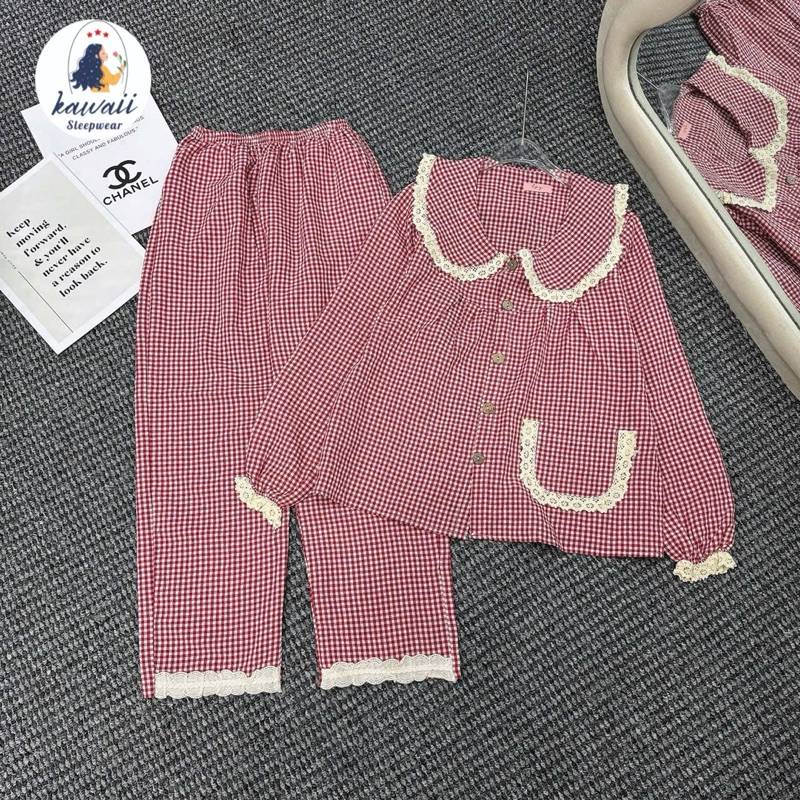 BỘ PIJAMA DÀI TAY CARO CỔ BÈO SIZE 40-58KG, ĐỒ BỘ VIỀN BÈO DỄ THƯƠNG, ĐỒ NGỦ CARO PHỐI REN