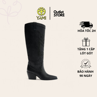 Bốt Nữ Ống Cao Đến Đầu Gối, Giày Boot Cao Bồi Mũi Nhọn 7cm Thêu Họa Tiết Âu Mỹ Màu Đen Có Big Size, Giày Xuất Xịn YAMI
