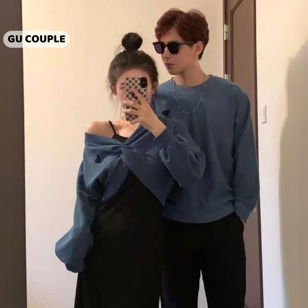 Đồ cặp với người yêu mùa đông áo nam đầm nữ hai món dài tay màu xanh thêu trái tim HAPPYLOVE G037