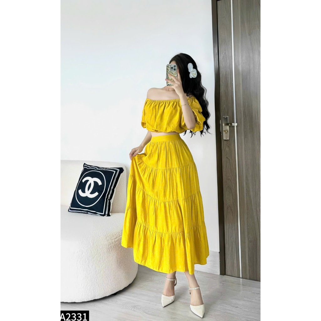 Set đũi tơ áo bẹt vai phối chân váy dáng xòe bánh bèo tiểu thư A2331