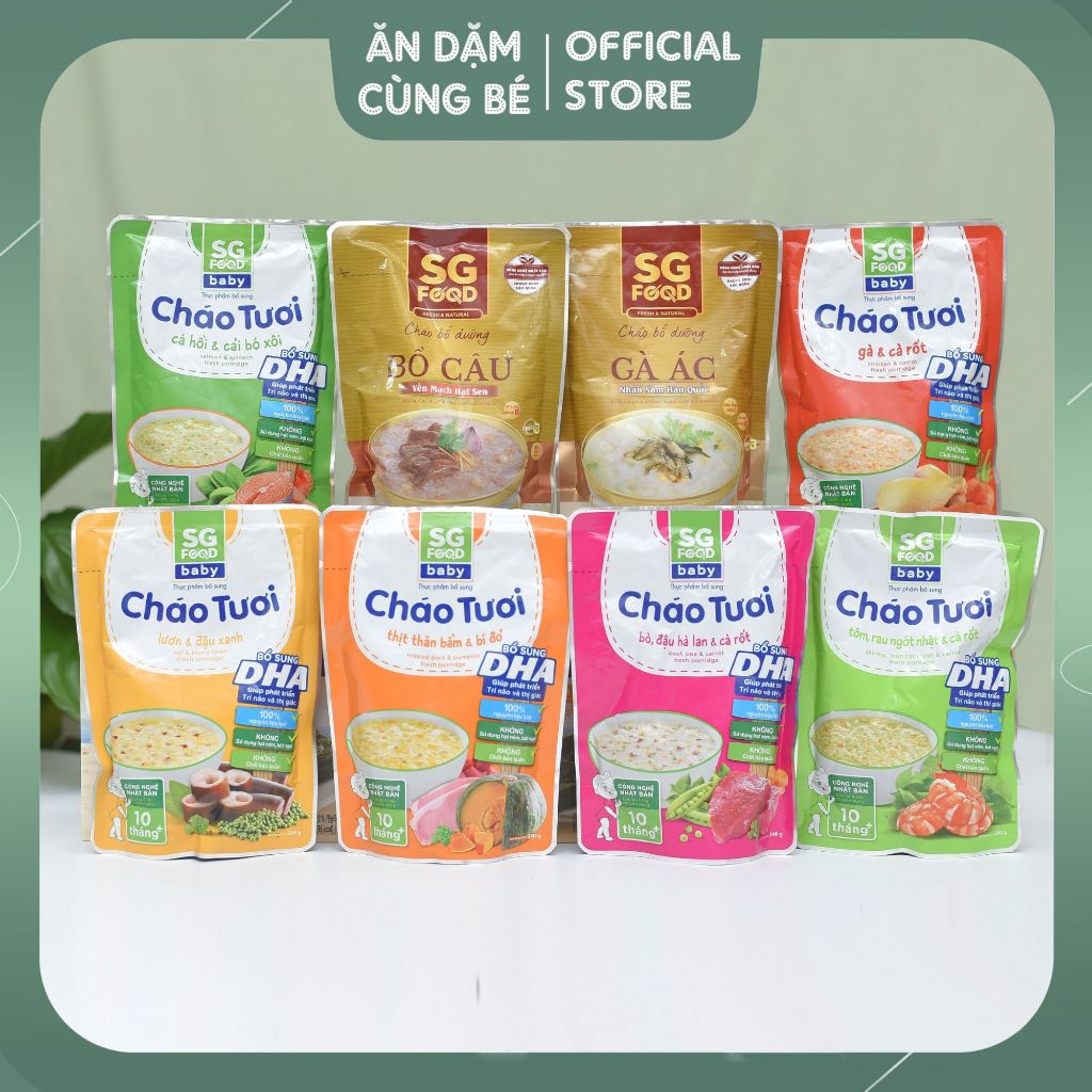 Cháo ăn dặm cho bé từ 6 tháng tuổi - cháo tươi SG Food, bột cháo Matsuya