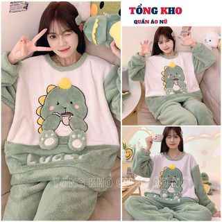 Bộ ngủ lông kute giữ nhiệt cực ấm, Bộ bồng khủng long xanh mềm mịn nhẹ ấm - TONGKHO
