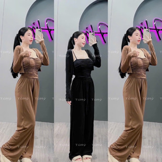 BHK2- sét bộ nữ, sét bộ thun tăm 3 món, áo dây nhúng có mút ngực, áo khoác lửng tay dài, quần suông rộng có túi