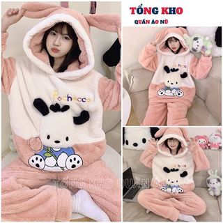 Bộ đồ ngủ lông màu hồng thêu chú chó đáng yêu, Bộ giữ nhiệt mặc nhà siêu ấm - TONGKHO