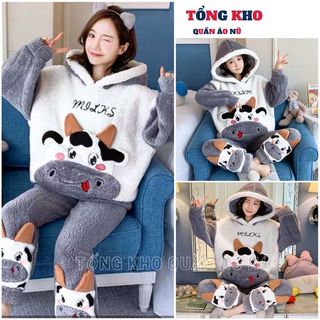 Đồ bộ lông cừu 2 mặt mượt mà thêu chú bò sữa xinh xắn, Bộ lông mũ mùa đông ấm áp - TONGKHO