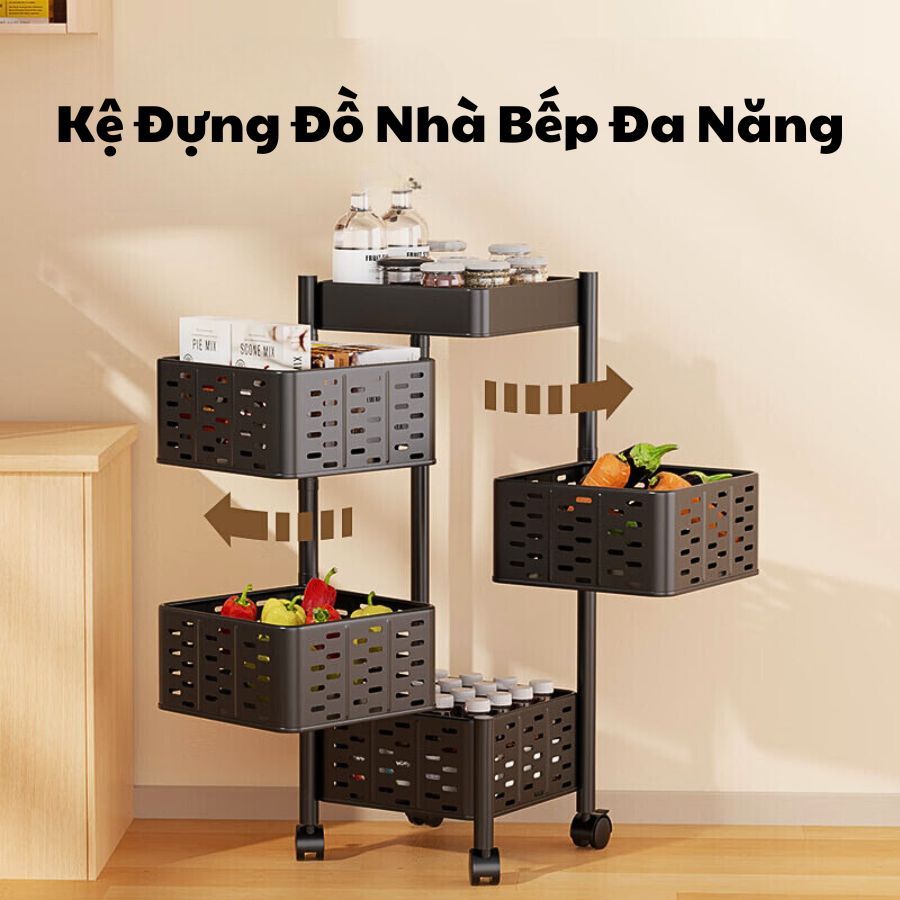 [HÀNG HÓT] Kệ Xoay Đa Năng 3/4/5 Tầng Khung Thép, Kệ Đựng Gia Vị, Rau Củ Quả Dáng Vuông, Kệ Nhà Bếp 