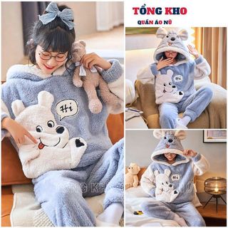 Bộ ngủ màu đông mặc nhà lông mềm mượt thêu gấu hi kute phong cách hàn quốc - TONGKHO