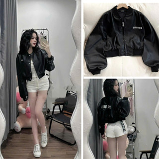 Áo khoác croptop da dài tay bo chun MIUMIU 2 màu đen, trắng cho nữ phong cách năng động , cá tính