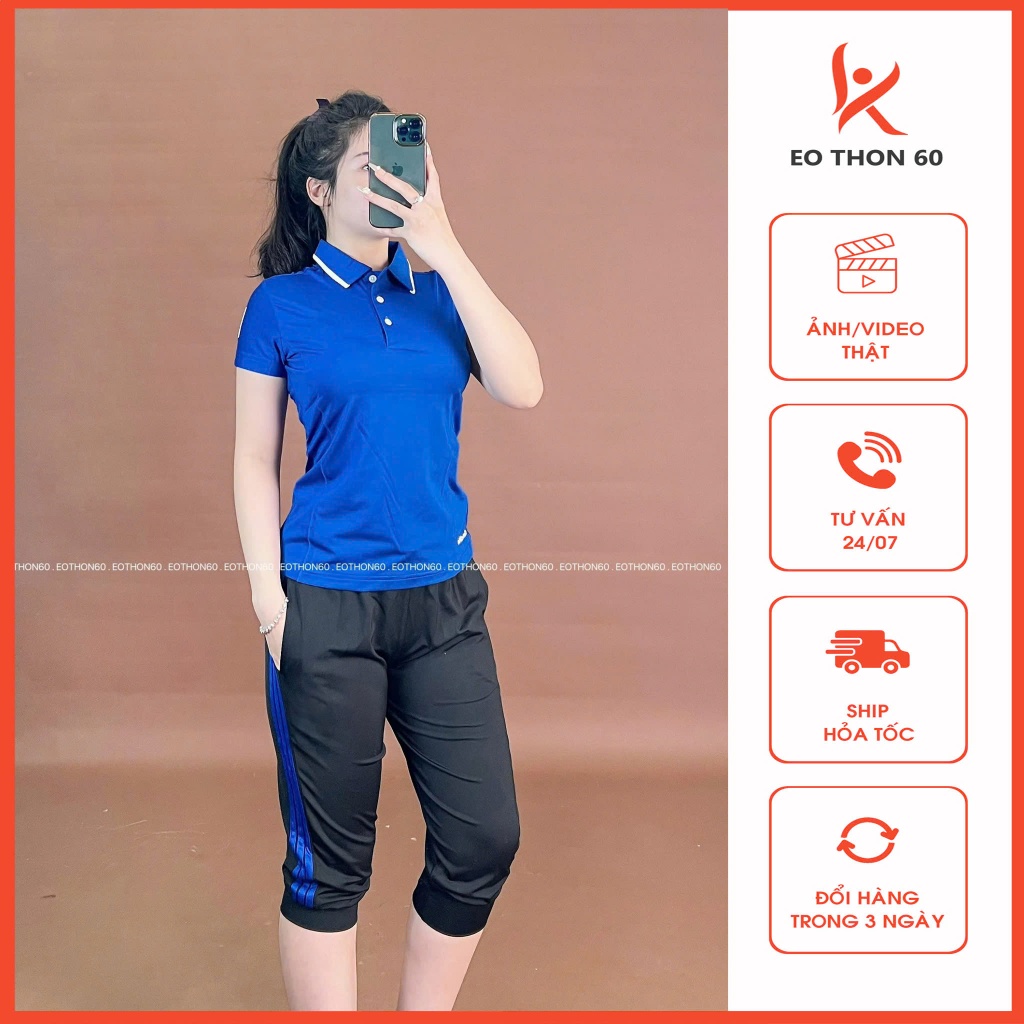 Áo das có cổ XANH COBAN , quần jogger lửng 3 sọc ĐEN SỌC XANH COBAN [hình thật shop chụp] Eothon60