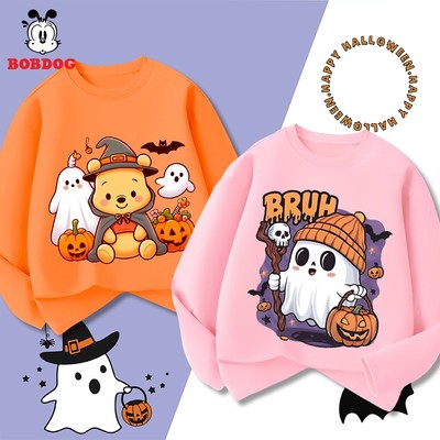 Áo thun dài tay bé gái BOBDOG  in hình Halloween ngộ nghĩnh cổ tròn chất liệu cotton co giản mềm nhẹ