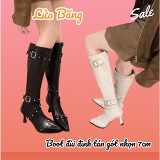   Sẵn  Boot Đùi Đinh Tán Mũi Nhọn Gót Nhọn 7cm Chất Da Mềm Mịn Phong Cách Âu Mĩ Nổi Bật Cá Tính 