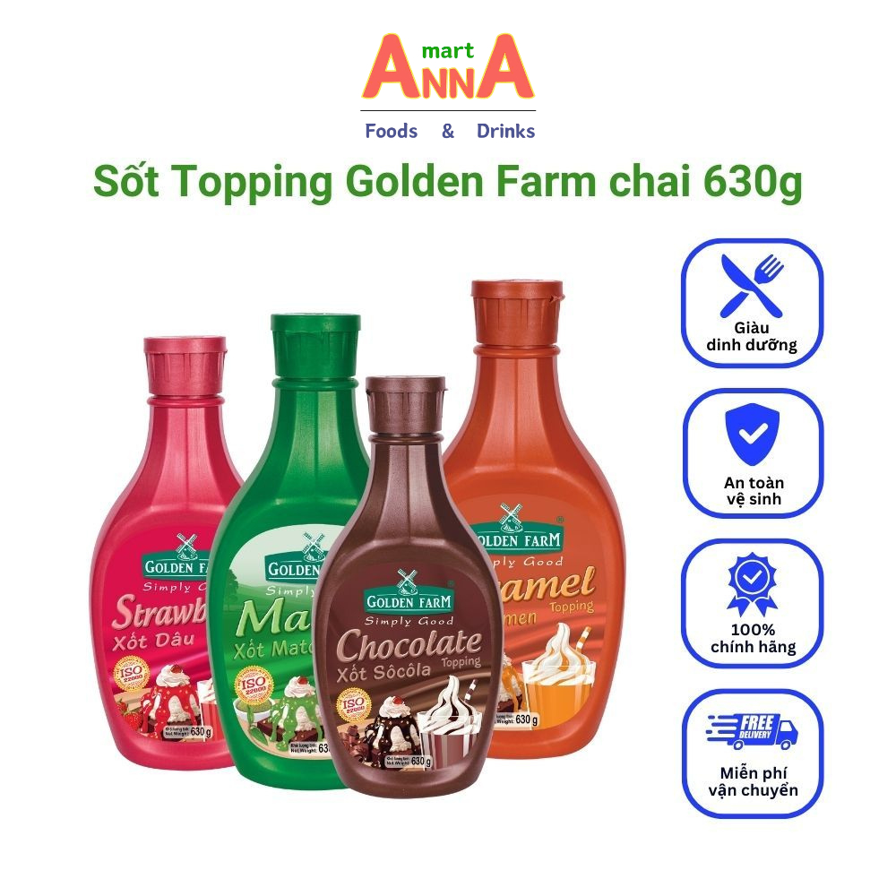 Xốt Topping Golden Farm nhiều vị làm từ trái cây, Sốt topping AnnA Mart dùng trang trí món ăn chai 630g