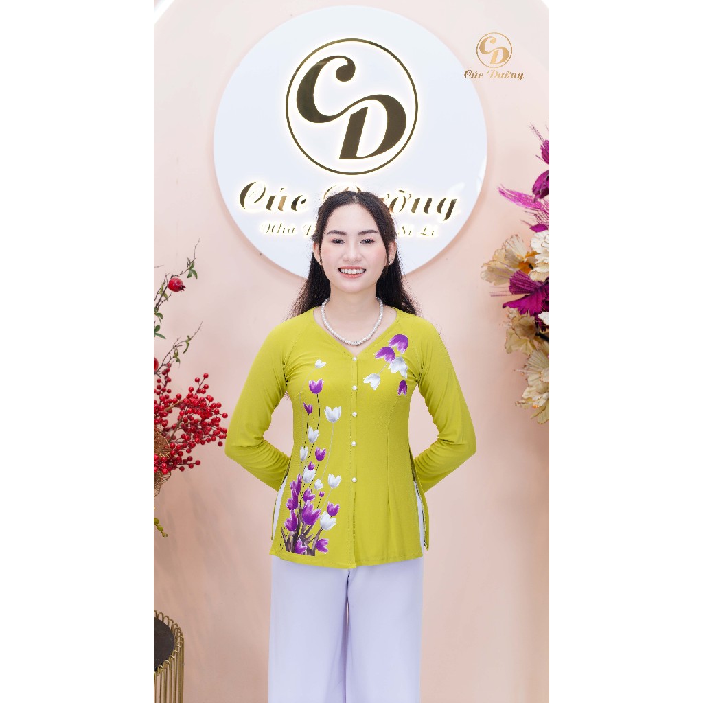 Áo thun bà ba nữ tay dài cổ tim in nhiệt 4D hình hoa TuLip, vải thun co giãn AL-4DTUILIP - Cúc Dưỡng