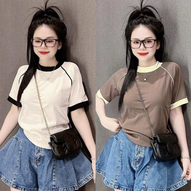 Áo phông 3158 cotton khô baby tee (phối viền trơn lé)  form (35-56kg) màu trơn top nữ