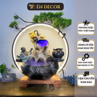 Thác Nước Phong Thủy Bình Hồ Lô Tượng Phật Di Lặc ÉN DECOR, Thác Khói Trầm Hương Kèm Kệ Trang Trí Nhà Cửa Thu Hút Tài Lộ