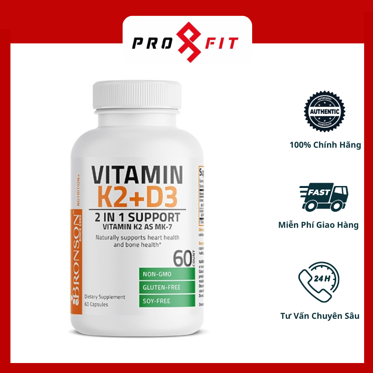 Viên Uống Vitamin D3k2 Bronson Vitamin K2 MK-7 + Vitamin D3 hỗ trợ hấp thụ canxi, giảm nguy đột quỵ,