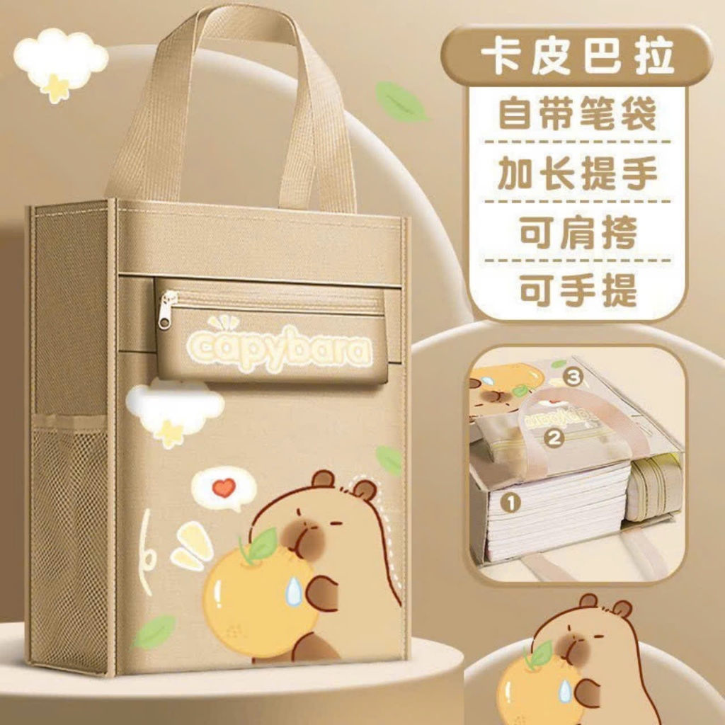 Túi Học Thêm Dáng Đứng Capybara, Túi Tote Vải Nhẹ Oxford Chống Nước Nhiều Ngăn [FREESHIP]