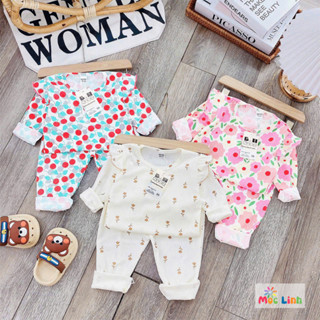 Bộ dài tay bé gái in hình họa tiết, set đồ bộ dài tay cho bé gái vải thun tăm thoáng mát