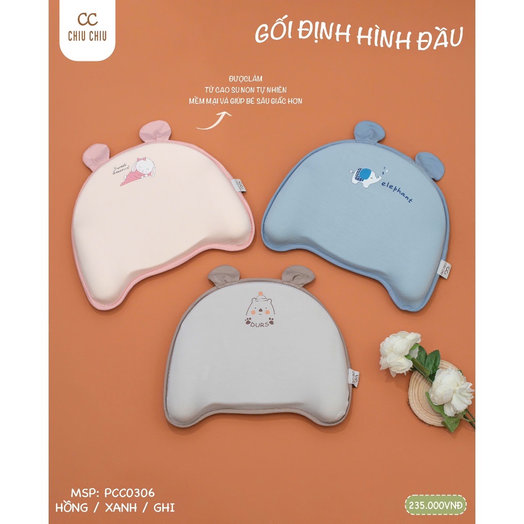 Gối cao su chống bẹp đầu cho bé CHIU CHIU PCC0306 tặng kèm 1 vỏ gối (ruột gối giặt máy thoải mái)
