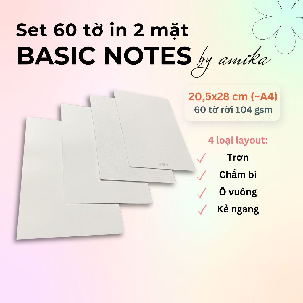 Set 60 tờ Giấy Notes 20,5x28 cm (~A4) - chấm bi (dot) / kẻ ngang (line) / ô vuông (grid) / trơn