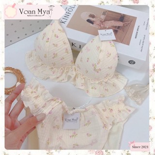 Bộ đồ lót Pink Floral chân ren Voan Mya, vải muslin mịn lát, áo không gọng mút mỏng, Designed by VoanMya
