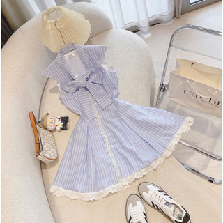 CÒN SIZE S - ĐẦM XANH SỌC PHỐI REN NƠ CỔ ( Tachi)