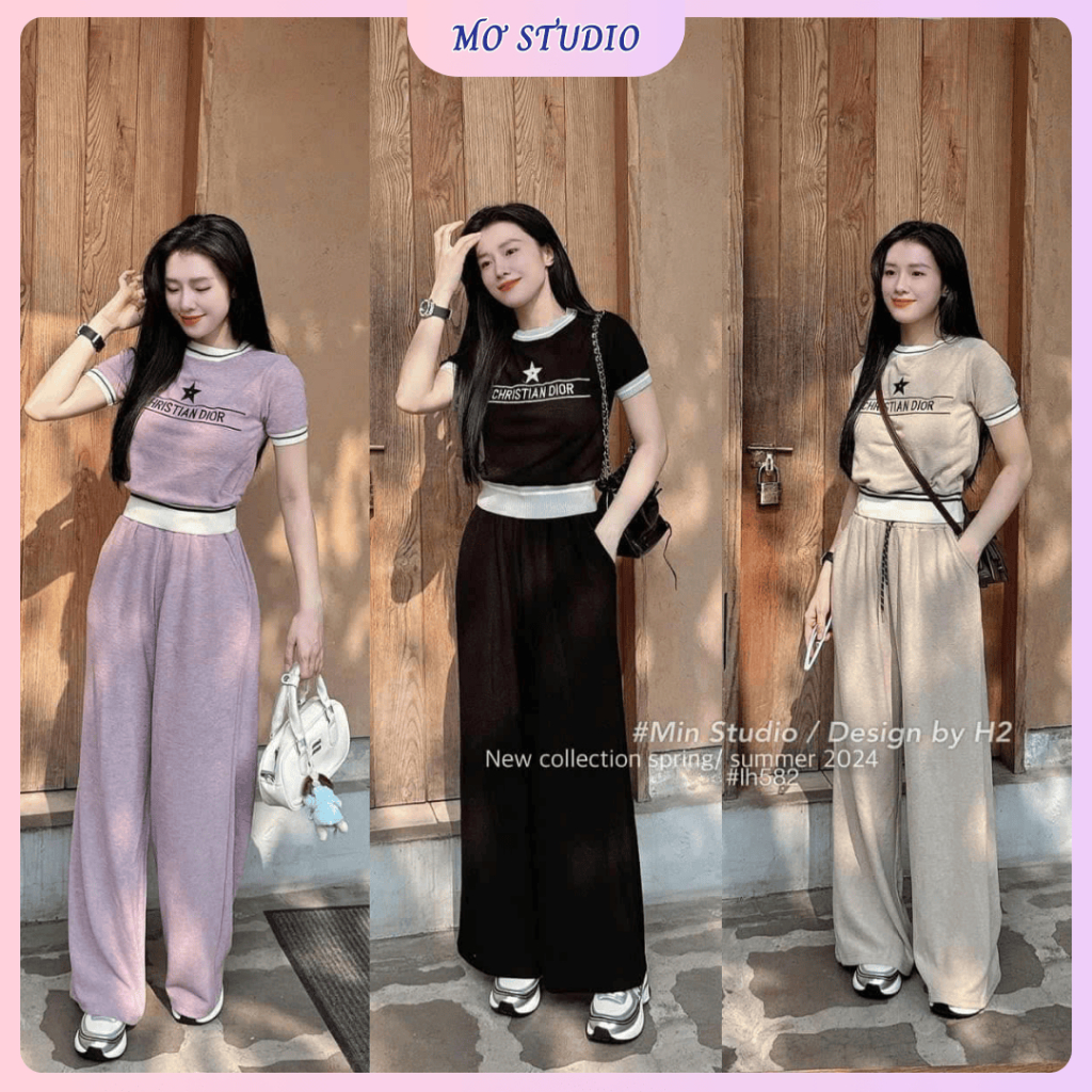 Set bộ len tăm áo dài tay in chữ kèm quần suông dáng dài