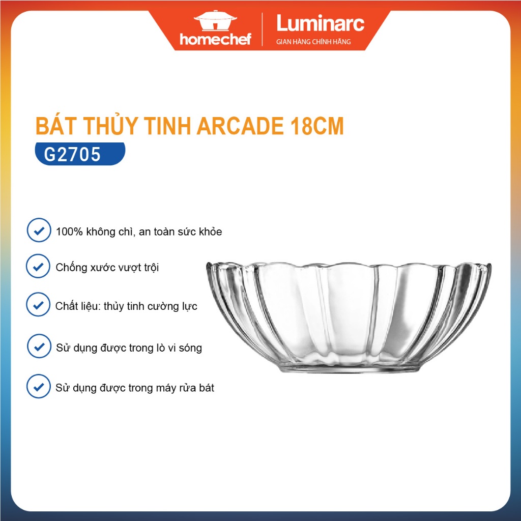 Bát tô/Bộ 6 bát tô thủy tinh Luminarc Arcade 18cm G2705/G2705*6 | Hàng chính hãng