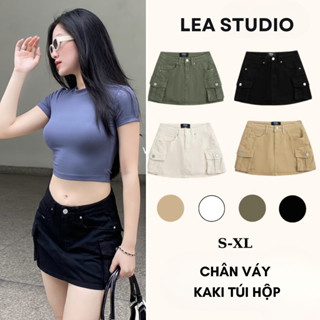 Chân váy quần túi hộp Y2K denim Có Lót Quần Trong cạp cao - màu Kem, Rêu, Be, Đen - Lea.studio