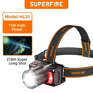 Đèn pin đội đầu SUPERFIRE HL25 siêu sáng 15W Zoom Xa Gần, tích hợp Cảm biến, cổng Type C có thể sạc lại đến 6.5 giờ 210M