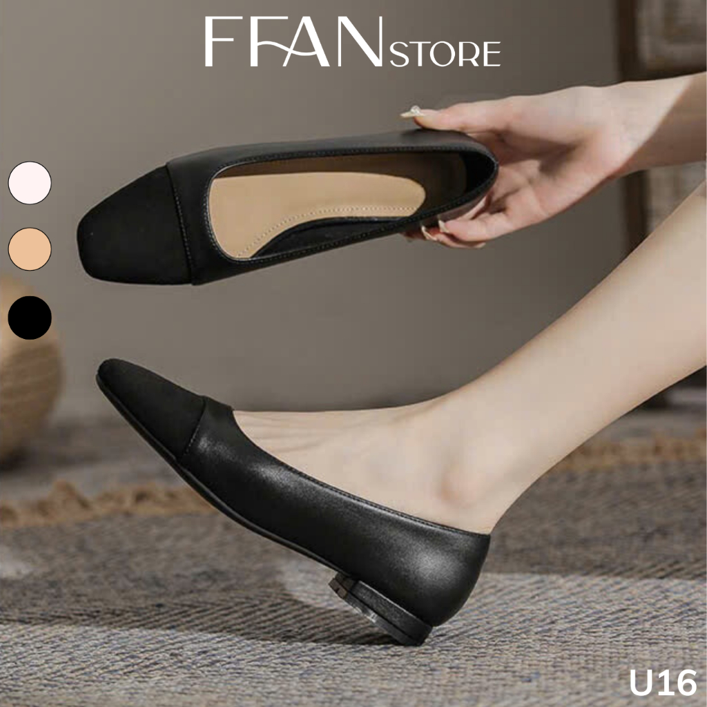 Giày búp bê nữ mũi vuông [da thật] mềm mại U16 FFAN STORE, giày bệt công sở bít mũi màu đen be trắng