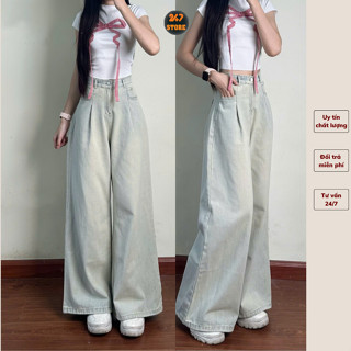 Quần jeans nữ quần bò ống rộng công sở màu bạc retro ống suông rộng cạp cao tôn dáng 247store official