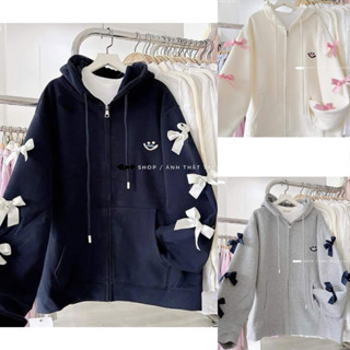 Áo khoác nỉ nữ dày dặn phom rộng áo hoodie có mũ khóa kéo freesize dưới 65kg in hình cười