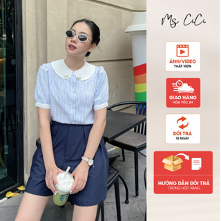 Áo sơ mi nữ cộc tay kẻ sọc Ms Cici thiết kế cổ sen đính phụ kiện sang chảnh, chất liệu Thô xước Nhật cao cấp AT2422SML