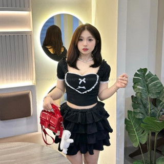 Set áo kiểu trái tim viền ren đính nơ và chân váy 5 tầng Ceena Heart Top Women phong cách coquette đáng yêu cho nữ