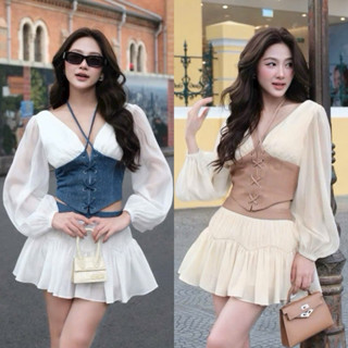  BIGSIZETIX S52 Set 2 món: áo voan tơ tay dài thiết kế đan dây eo kèm chân váy xoè phồng xinh xắn 50-90kg 