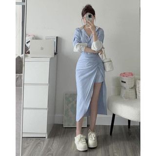 Set 2 món sơ mi chân váy vạt chéo