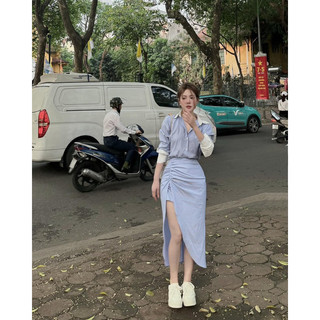 Set 2 món sơ mi chân váy vạt chéo
