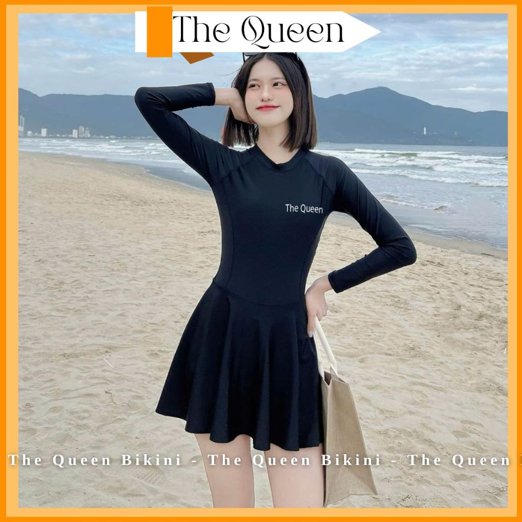 Đồ bơi nữ Angel Bikini váy liền thân tay dài kín đáo khóa kéo sau lưng full màu đen đi biển chống nắng The Queen 092 | BigBuy360 - bigbuy360.vn
