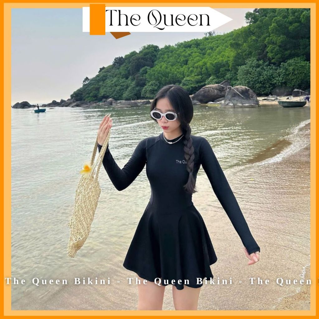 Đồ bơi nữ Angel Bikini váy liền thân tay dài kín đáo khóa kéo sau lưng full màu đen đi biển chống nắng The Queen 092 | BigBuy360 - bigbuy360.vn
