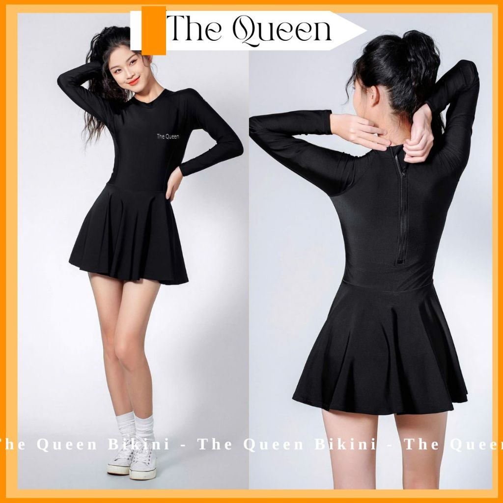 Đồ bơi nữ Angel Bikini váy liền thân tay dài kín đáo khóa kéo sau lưng full màu đen đi biển chống nắng The Queen 092 | BigBuy360 - bigbuy360.vn