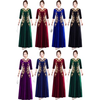 Đầm dạ hội nhung trung niên đi tiệc cổ gợn sóng viền đá phối hoa ép đá 2 sườn áo tay lỡ size lớn 75kg, Đầm dạ hội nhung