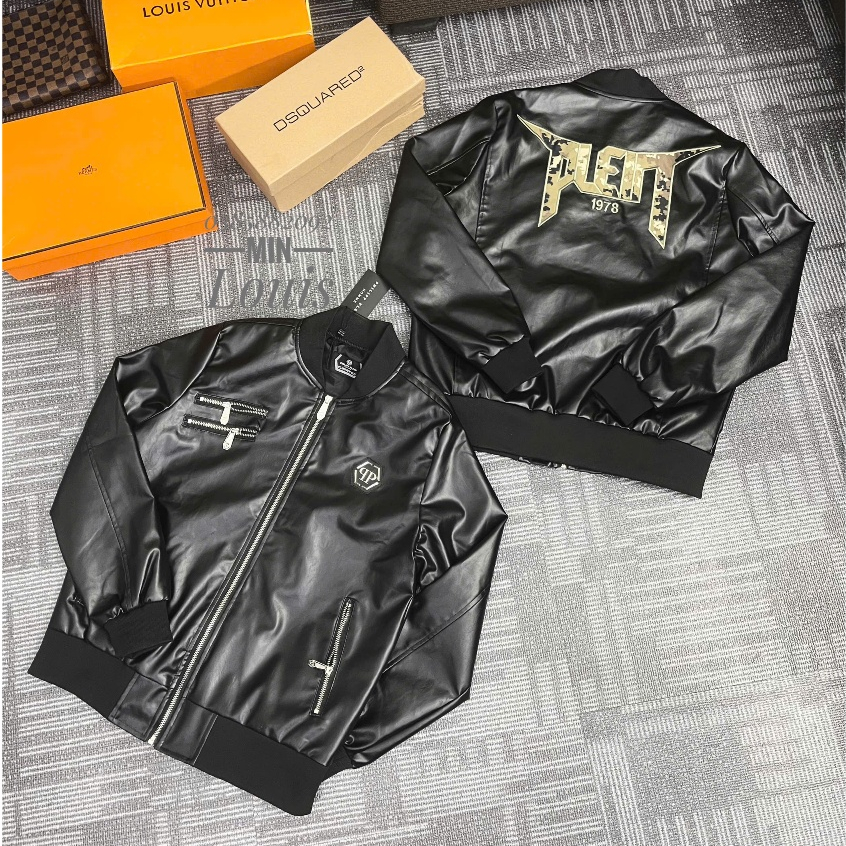 Áo khoác da bomber jacket nam Philipp Plein da Pu bóng thêu logo da tag sắt khoá zip phối chữ lưng dầy dặn boy phố