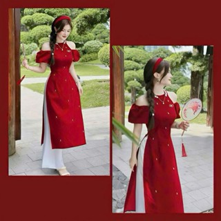 Sét áo dài mặc tết chất nhung cao cấp cổ yếm tròn tay ngắn bẹt vai kèm quần dài chất phi bóng dài maxxi mặc tôn dáng